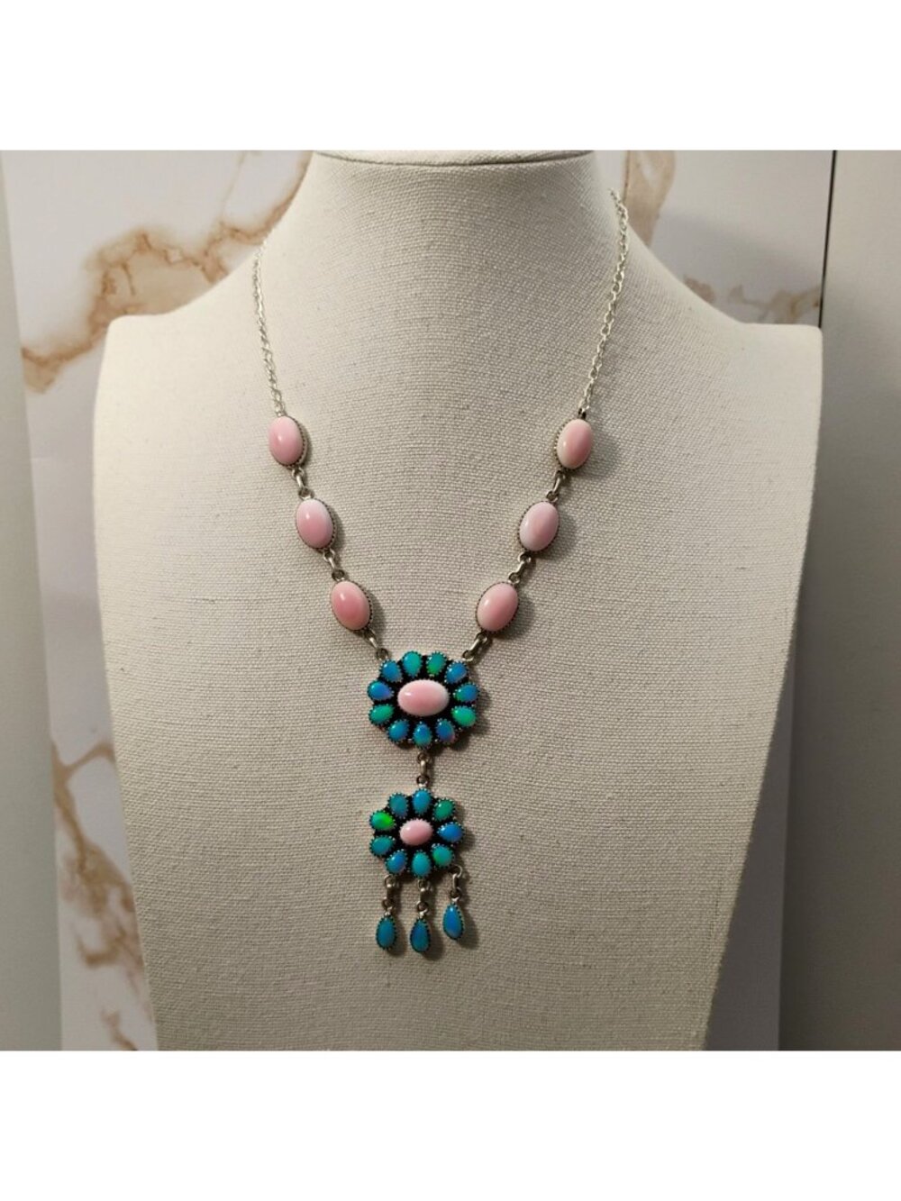 Southwest Sterling Silver Pink Conch Blue Opal Lariat Dangle Necklace
